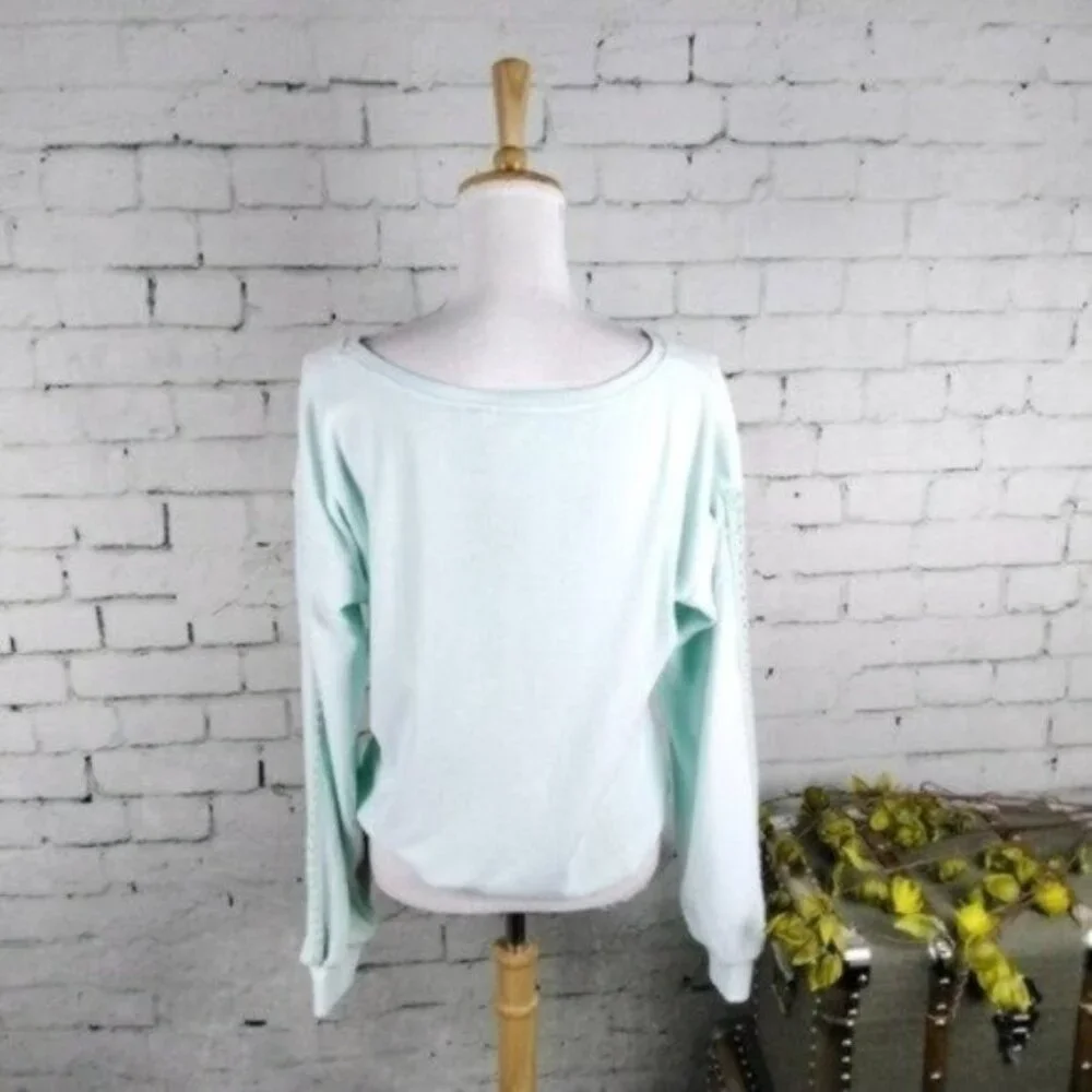 Hello Nite Terrycloth Crocheted Sleeve Crewneck Top In Atmosphere Mint Green S
